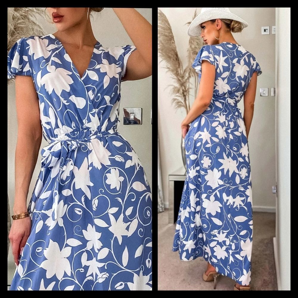 Estee Brown Blue Floral Belted Front Wrap Maxi Dress Small/Medium